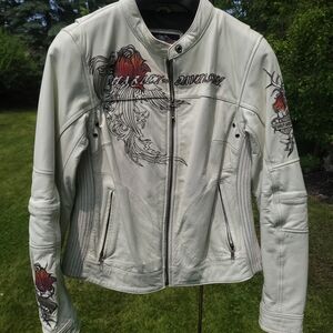 Harley-Davidson Women's Off-White Leather Jacket with Red Rose Accents